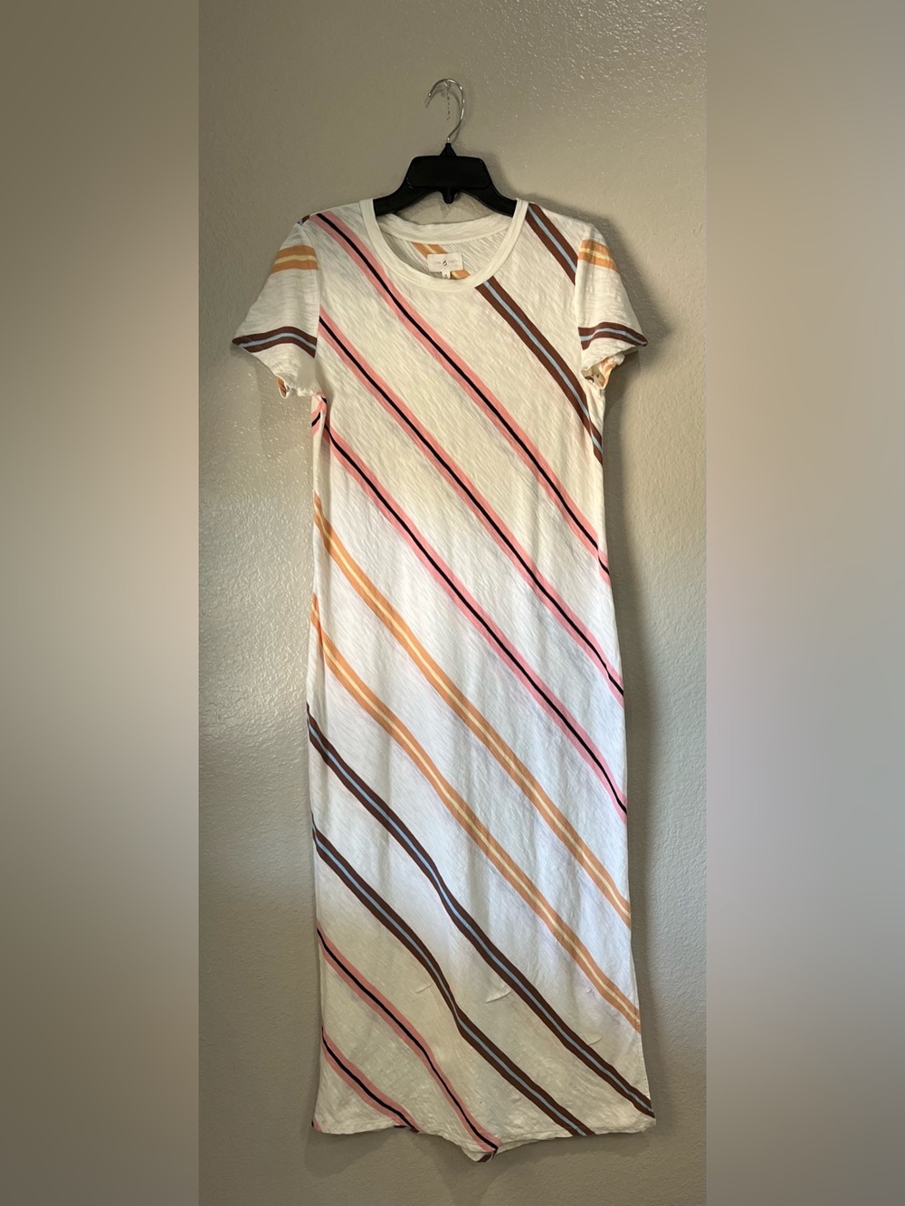 Cream Striped Short-Sleeve Women’s Maxi Dress  Summer Style Sz S Boho TC0039